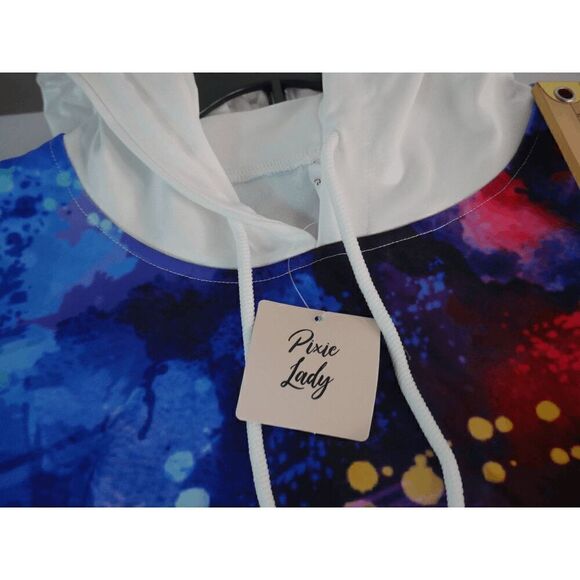 Pixie Lady White & Blue Paint Splatter Kangaroo-Pocket Hoodie M - Picture 7 of 8